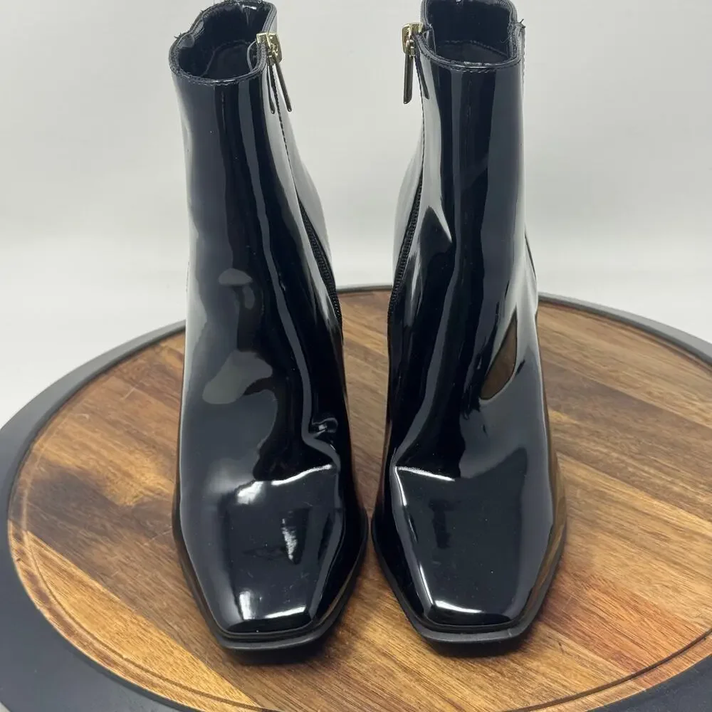 JLO Jennifer Lopez Mid Calf Ankle Black Patent Faux Leather Boots Shoes Size 9 - Picture 2 of 10